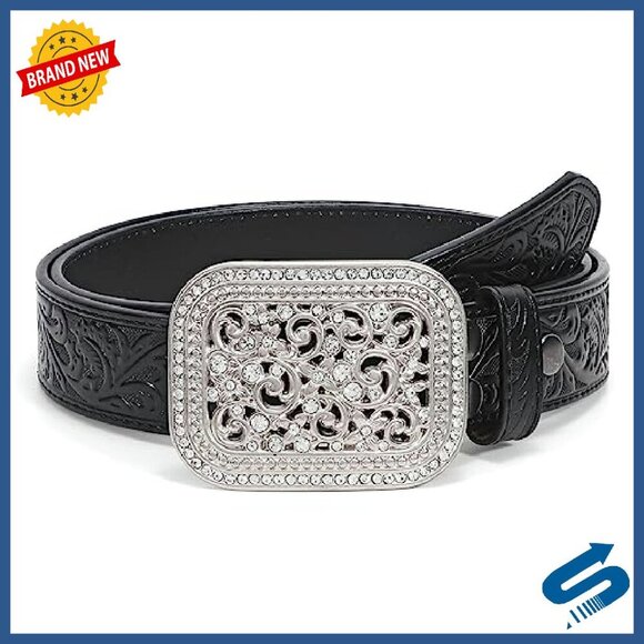 Genuine Leather Western Belt Silver Diamond Buckle Unisex Cowboy Cowgirl main image 8